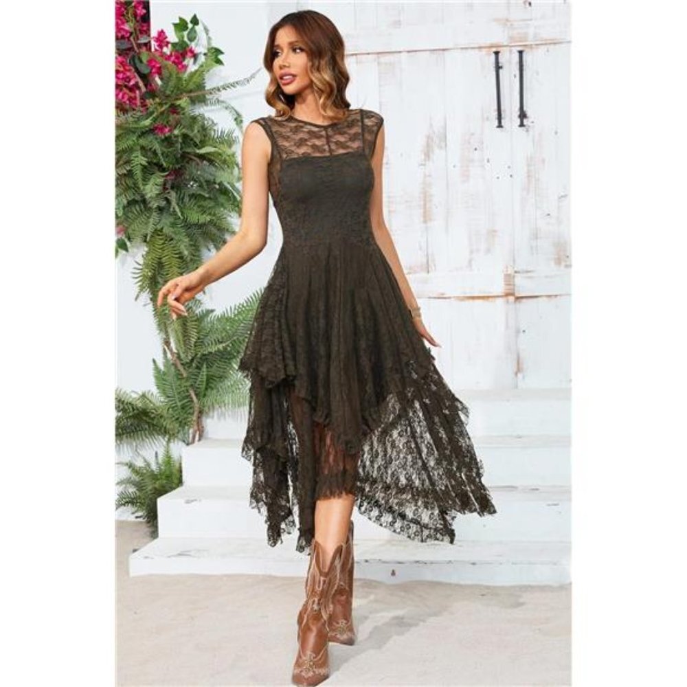 Army Green Lace Sleeveless Asymmetrical Layered Lace Tiered Long Midi Dress - Picture 3 of 7